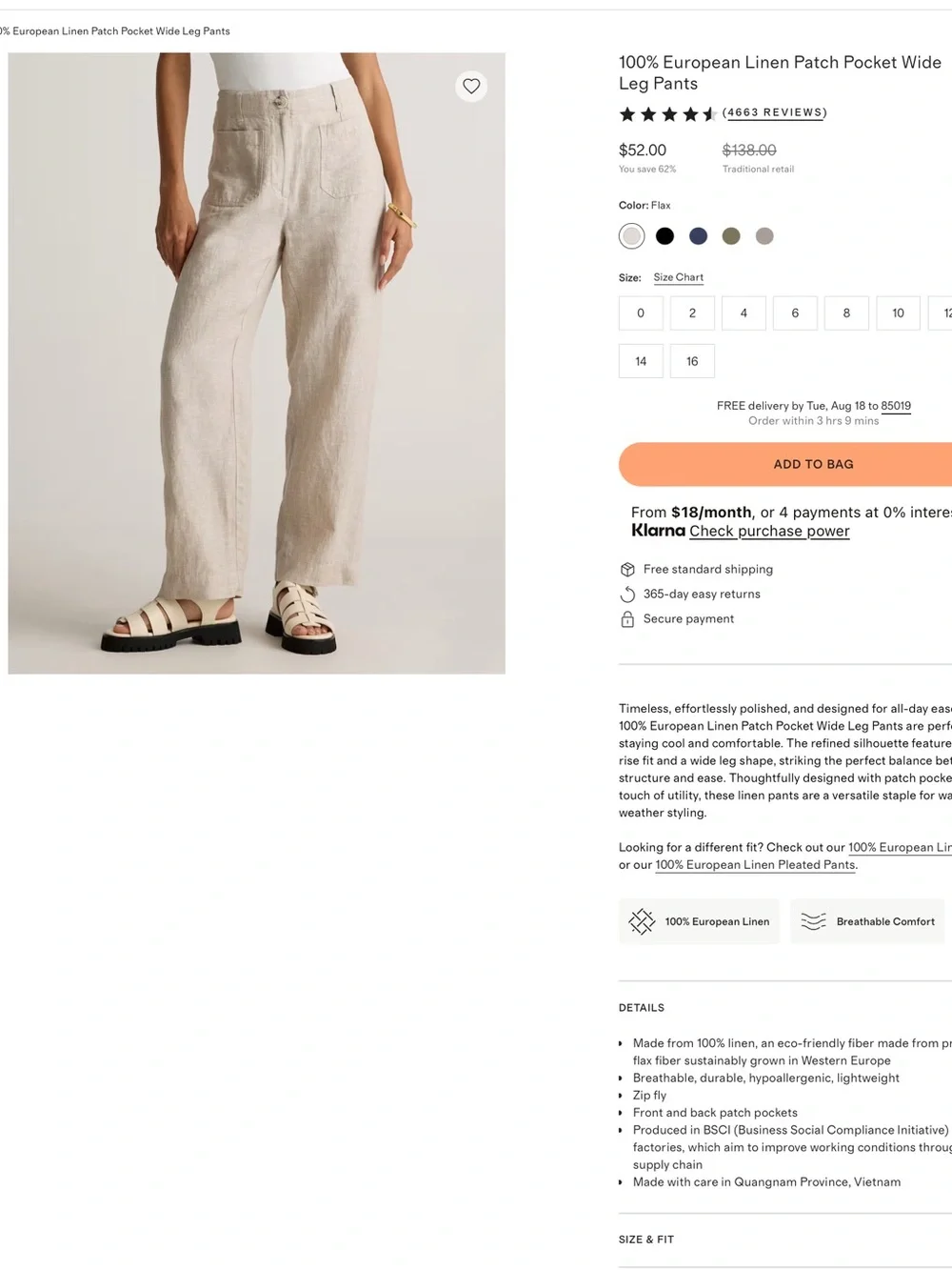 NWT Quince European Linen Patch Pocket Wide Leg Pants Size 6
